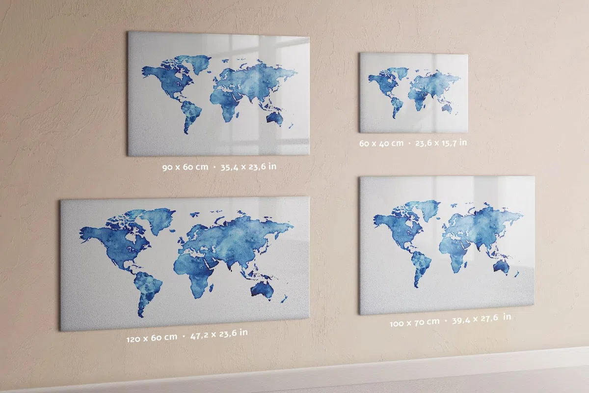 Großes Glas-Magnetboard inkl. Neodym-Magnete, Marker & Schwamm | Robuste Glasfläche | Perfekt für Wandmontage in Büro, Schule & Küche- 90x60 - Weltkarte Aquarell