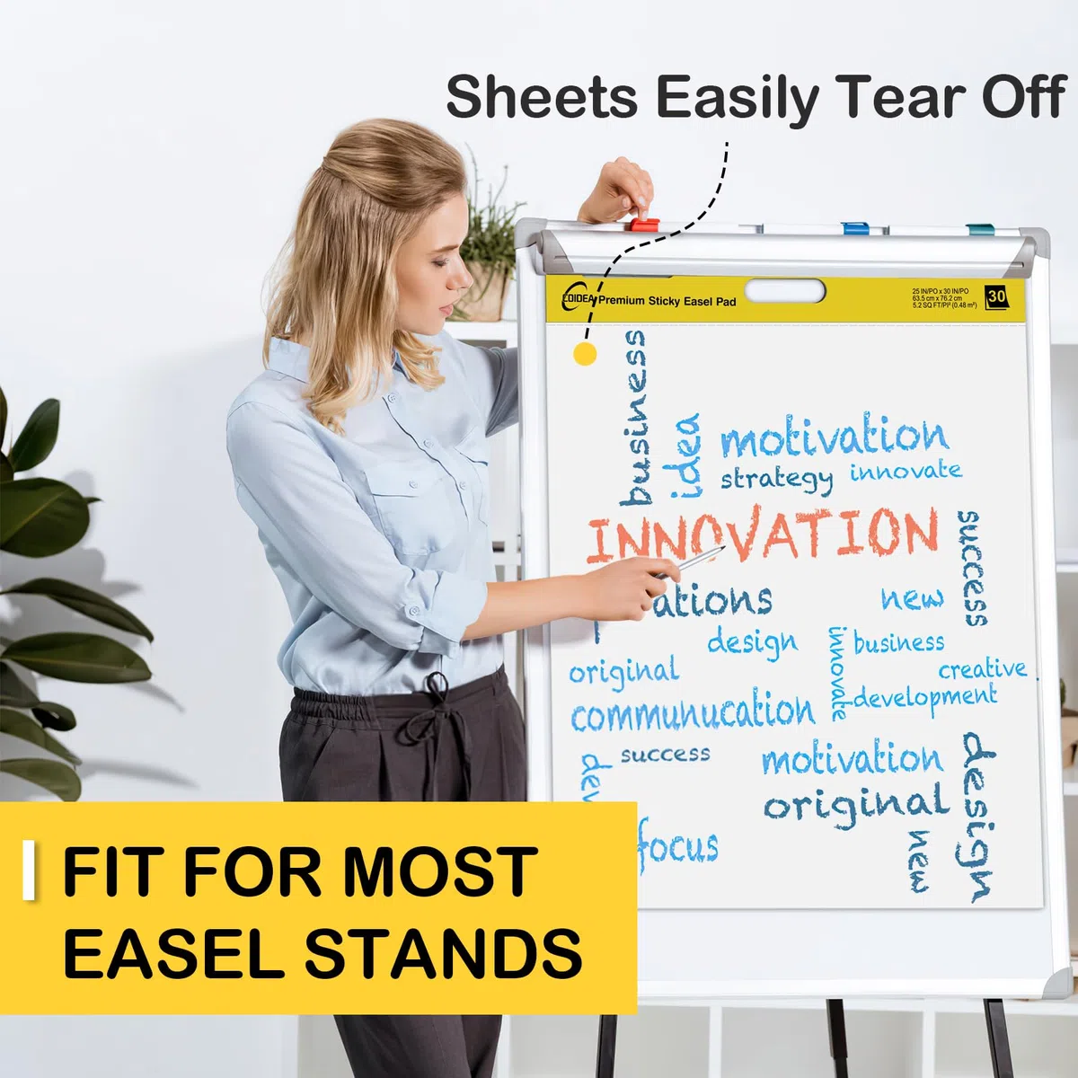 COIDEA Staffeleiblock, 63,5 x 76,2 cm, große Haftnotizen für die Wand, super klebriges Staffeleipapier, selbstklebendes Flipchart-Papier für Lehrer und Büro, Weiß, 30 Blatt/Block, insgesamt 4 Blöcke