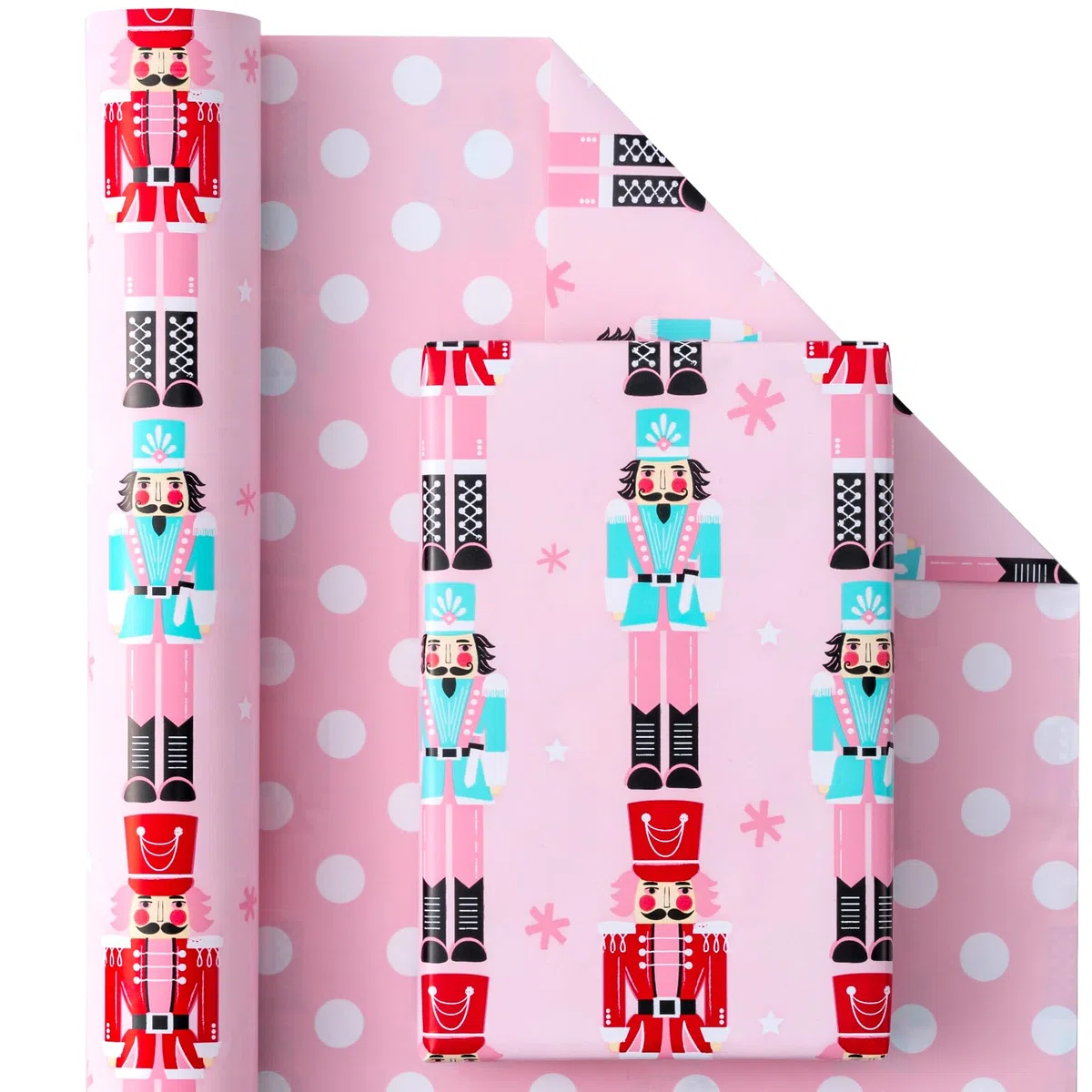 WRAPAHOLIC Wendbares Weihnachts-Geschenkpapier – Mini-Rolle – 43 cm x 100 cm – rosa Nussknacker-Geschenkpapier und Punkte-Design für Weihnachten, Urlaub, Party Feier