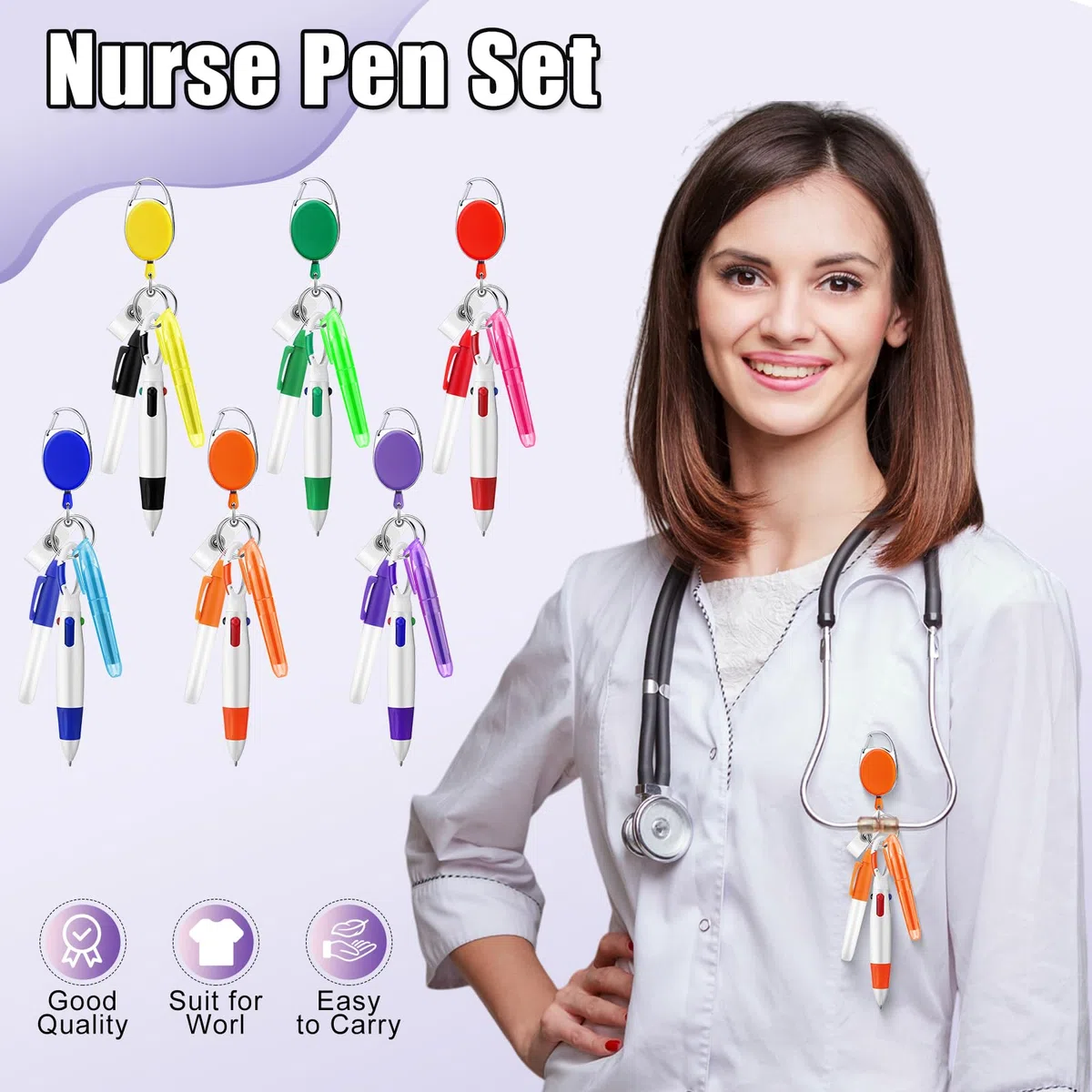Dispowreath 80-teiliges Stifte-Set für Krankenschwestern, inkl. Abzeichenspule, einziehbarem Shuttle-Stift, Mini-Textmarker, Neon-Marker, Schlüsselanhänger, Clip für CNA Krankenschwester-Zubehör