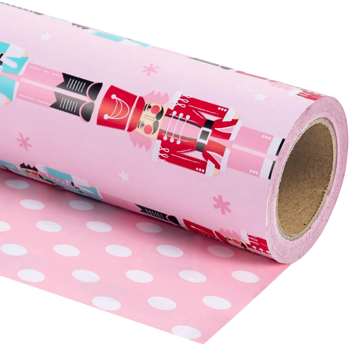 WRAPAHOLIC Wendbares Weihnachts-Geschenkpapier – Mini-Rolle – 43 cm x 100 cm – rosa Nussknacker-Geschenkpapier und Punkte-Design für Weihnachten, Urlaub, Party Feier