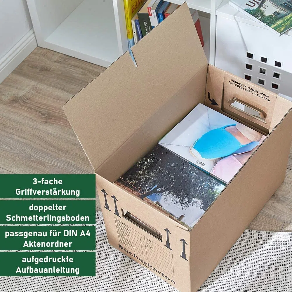 BB-Verpackungen 30 x Bücherkarton Profi 50 x 30 x 35 cm (belastbar bis 40 kg Traglast, stabiler Karton, stapelbar, Aktenkartons aus recycelter Pappe für den Umzug)