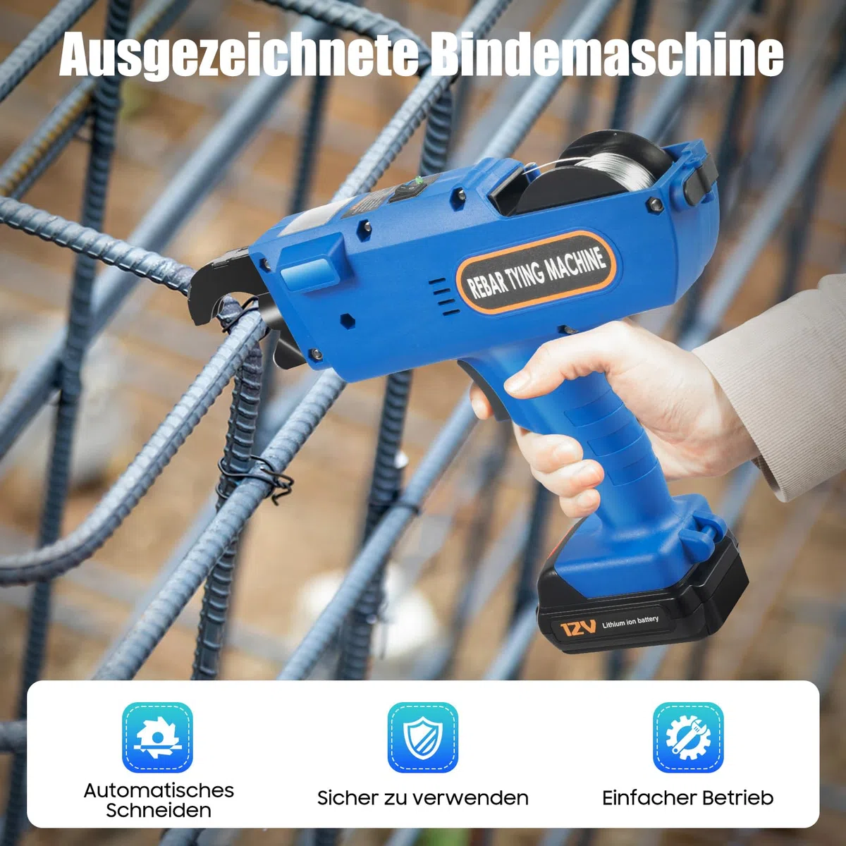 12V Bindemaschine Elektrische Rebar Bindemaschine Automatische Rebar Tying Machine Professionelle Bewehrungsbindemaschine 8-34mm Drahtbindemaschine (Blau)