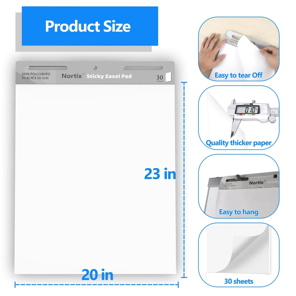 Nortix Klebriges Staffeleiblock, Flipchart-Papier, 50,8 x 58,4 cm, 30 Blatt/Block, 6 Blöcke, Kartenpapier für Lehrer, super klebend und blutungsbeständig, großes selbstklebendes Staffeleipapier für