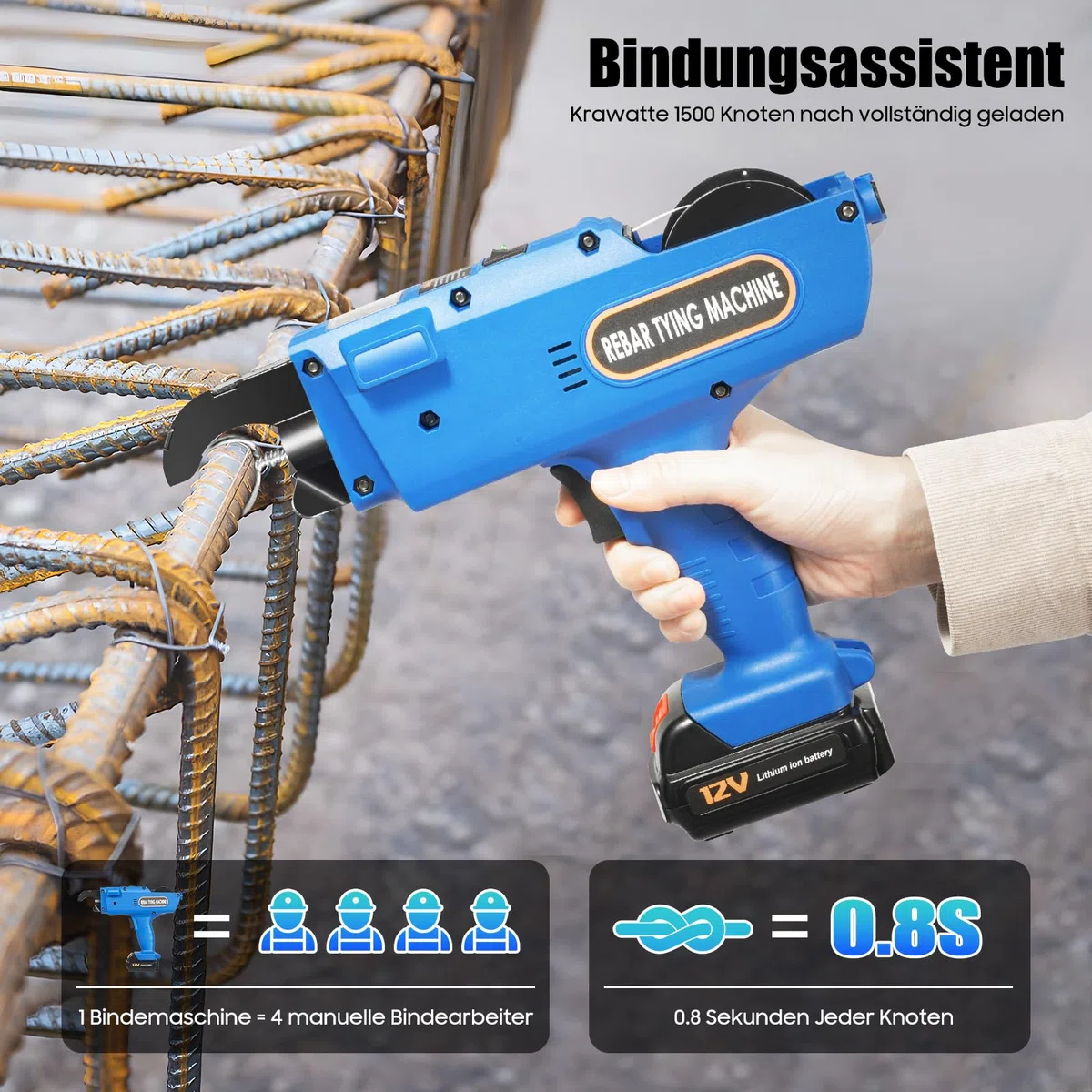 12V Bindemaschine Elektrische Rebar Bindemaschine Automatische Rebar Tying Machine Professionelle Bewehrungsbindemaschine 8-34mm Drahtbindemaschine (Blau)