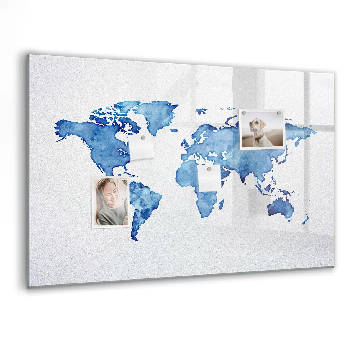 Großes Glas-Magnetboard inkl. Neodym-Magnete, Marker & Schwamm | Robuste Glasfläche | Perfekt für Wandmontage in Büro, Schule & Küche- 90x60 - Weltkarte Aquarell