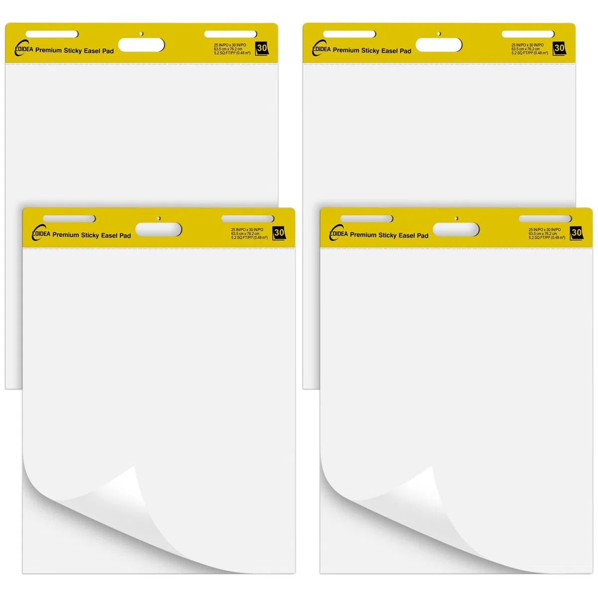 COIDEA Staffeleiblock, 63,5 x 76,2 cm, große Haftnotizen für die Wand, super klebriges Staffeleipapier, selbstklebendes Flipchart-Papier für Lehrer und Büro, Weiß, 30 Blatt/Block, insgesamt 4 Blöcke