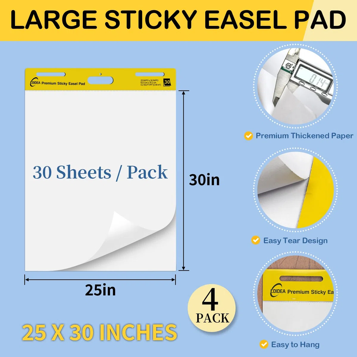 COIDEA Staffeleiblock, 63,5 x 76,2 cm, große Haftnotizen für die Wand, super klebriges Staffeleipapier, selbstklebendes Flipchart-Papier für Lehrer und Büro, Weiß, 30 Blatt/Block, insgesamt 4 Blöcke